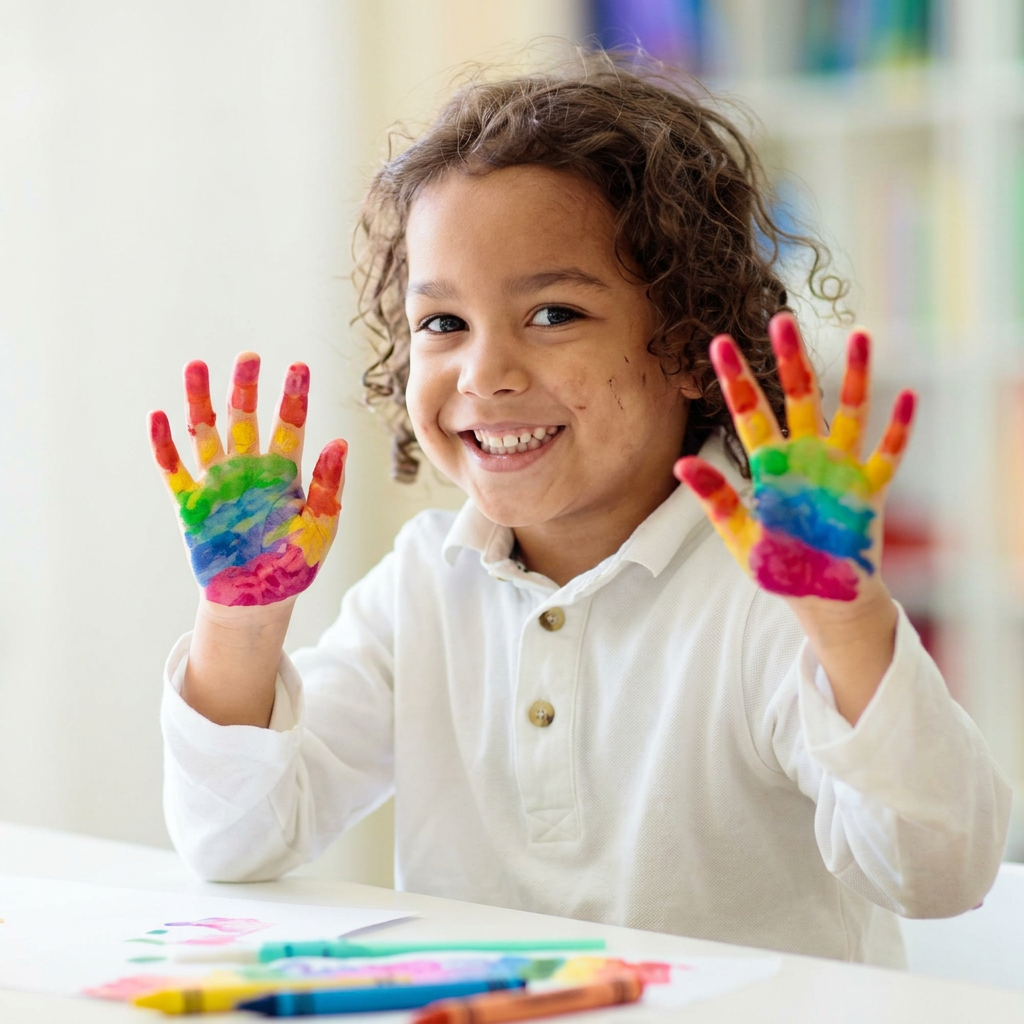 A joyful child holding crayons at Park Plaza Daycare