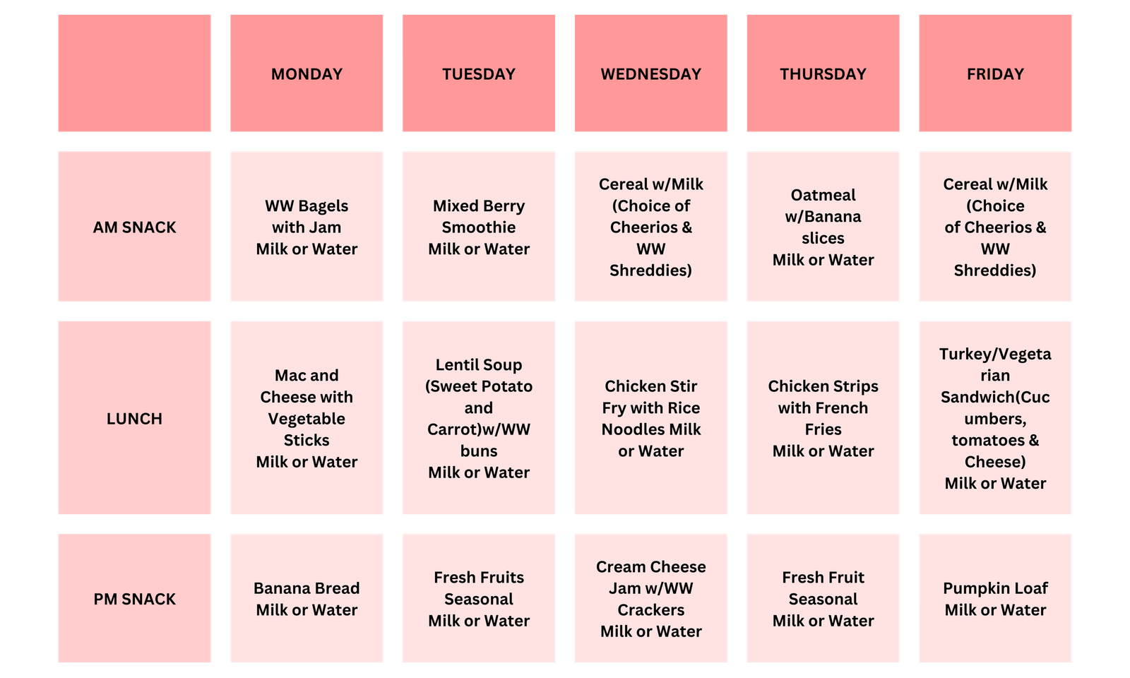 Park Plaza Daycare Week 1 menu