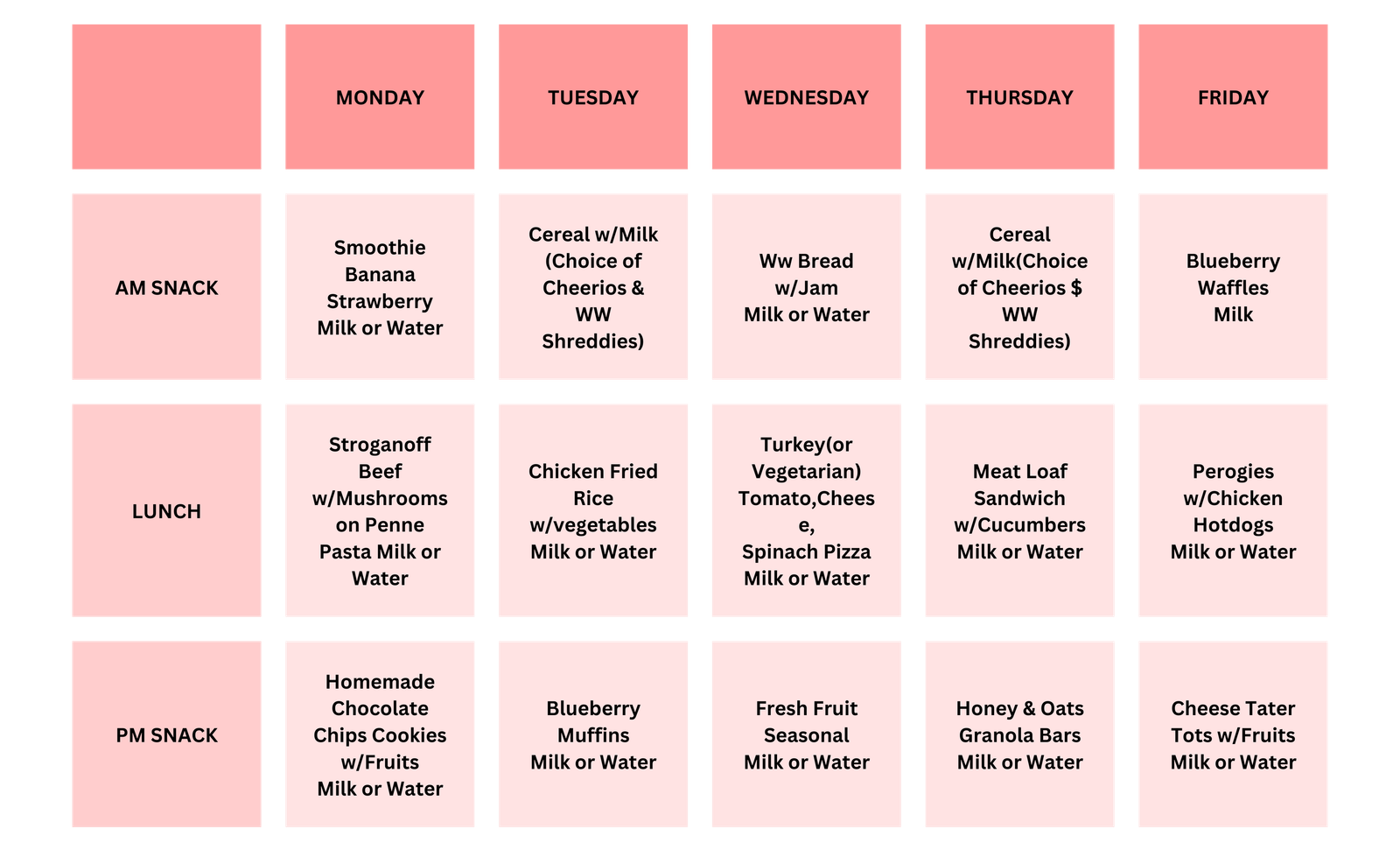 Park Plaza Daycare Week 2 menu
