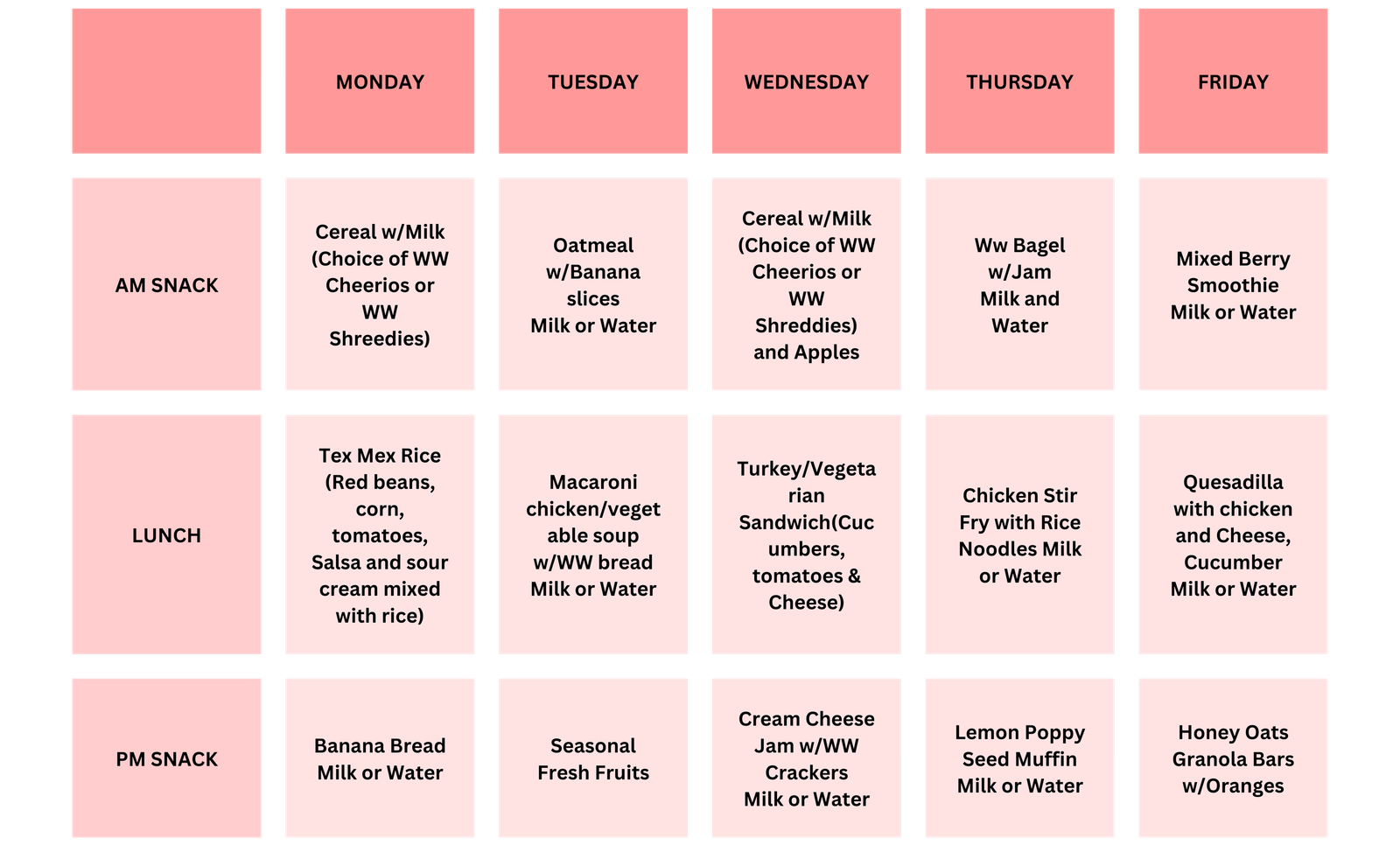 Park Plaza Daycare Week 3 menu
